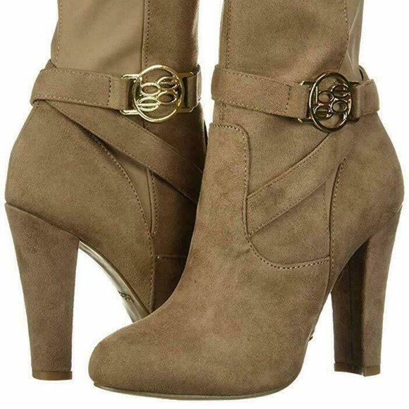 BeBe Taupe Faux Suede with Gold Logo Boots sz 7 - Picture 1 of 10